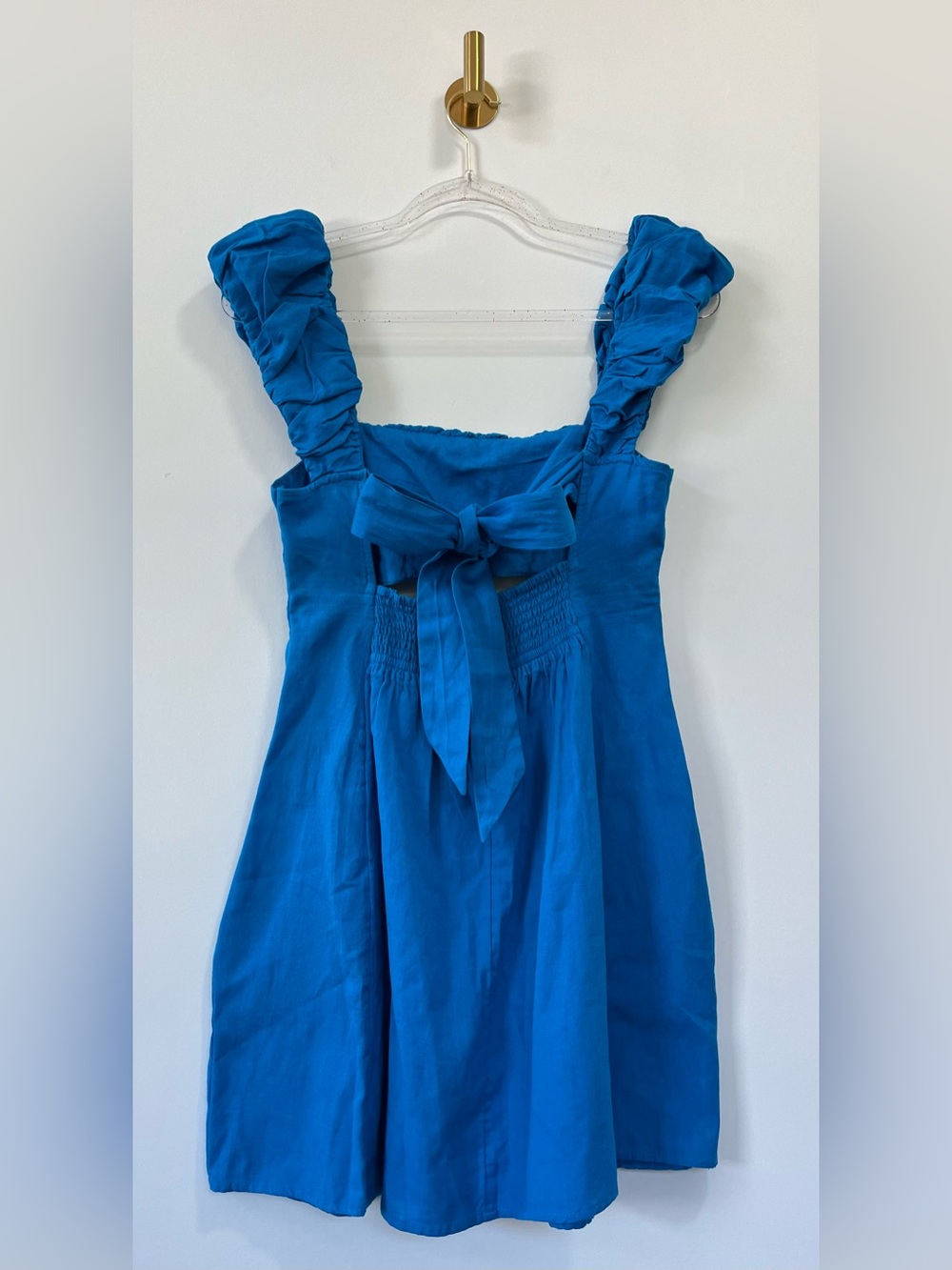 Free People Bom Bom Island Cottagecore Blue Cutout Mini Dress Ruched Straps Sz S